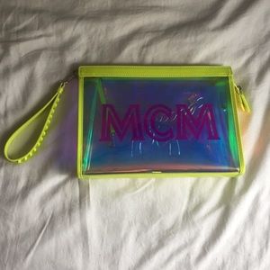 MCM Flo zip pouch holographic neon yellow hot pink